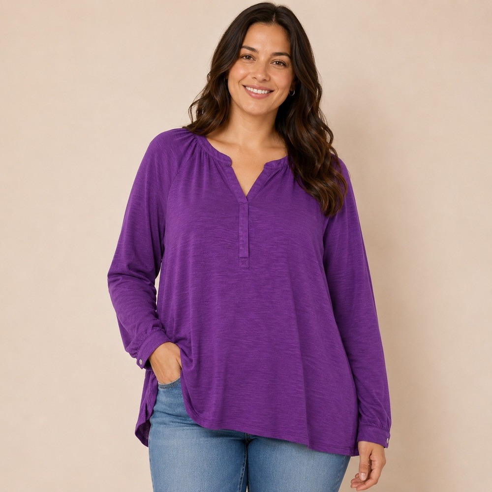 J. Jill Purple Cotton Tencel Modal Slub Knit Long Sleeve Henley Top Large
